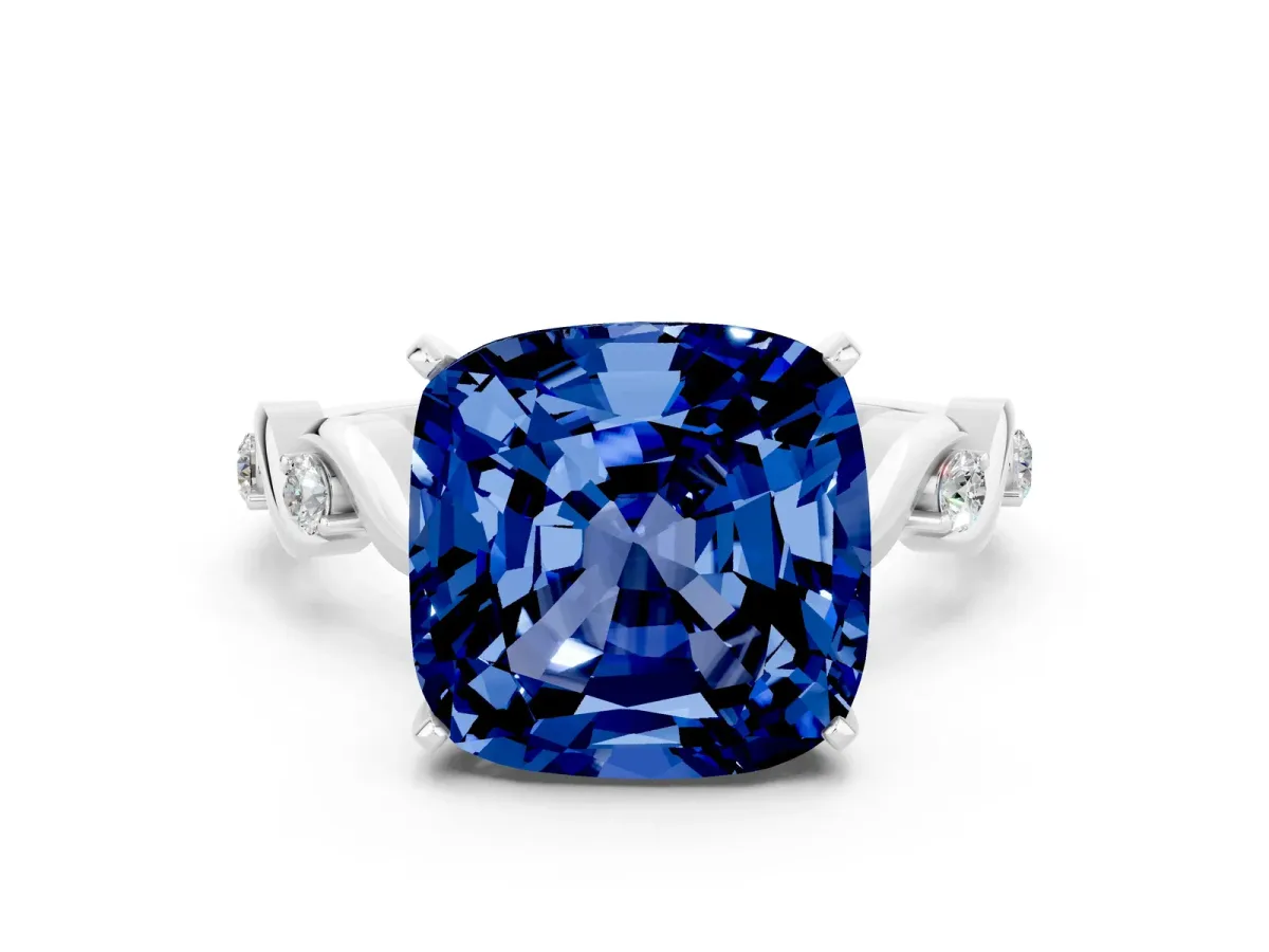 Cushion Cut Blue Sapphire Solitaire Twisted Band with Round Accents and Prong Setting White gold