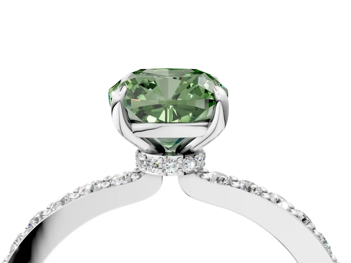 Fancy Green Cushion Cut Diamond Solitaire Engagement Ring with Pavé Band and Four-Prong Setting White gold