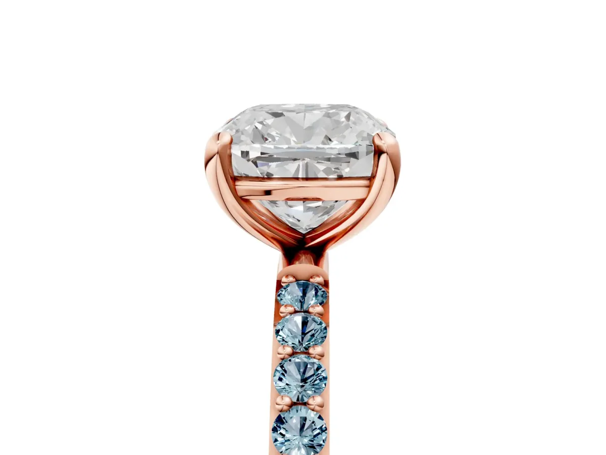 Cushion Cut Diamond Solitaire Ring with Round Aquamarine Pavé Band and Prong Setting Rose gold