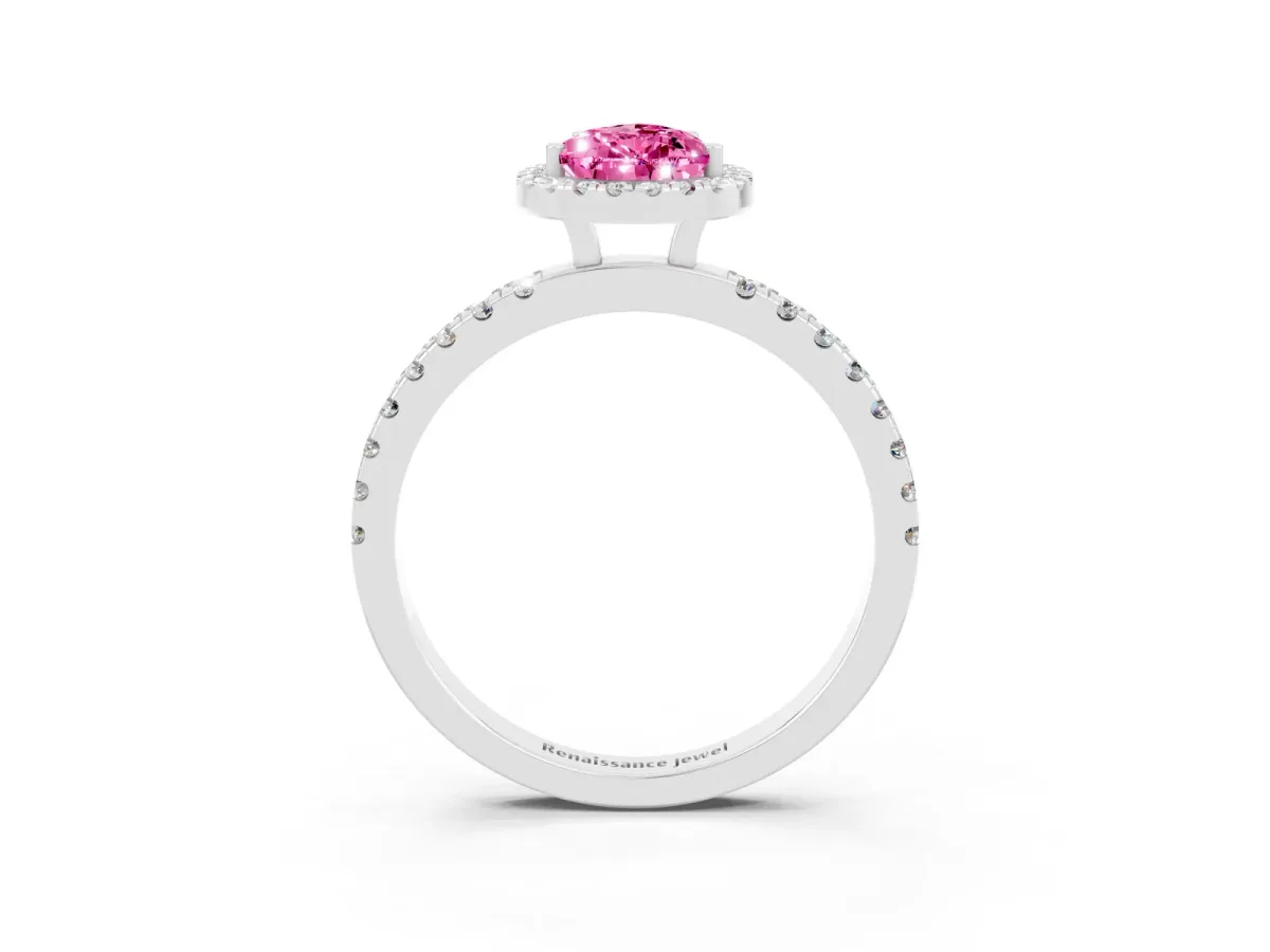 Pear Cut Pink Sapphire Classic Halo Engagement Ring with Round Pavé Band and Prong Setting Silver