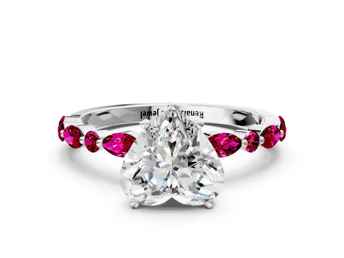 Heart Cut Diamond Ring with Marquise and Round Garnet Side Stones and Four-Prong Setting White gold
