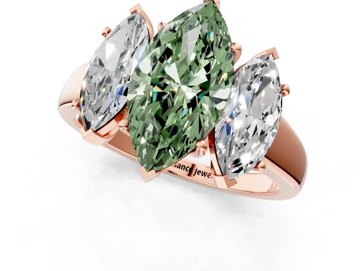 Fancy Green Three-Stone Marquise Cut Cut Solitaire Ring with Classic Prong Setting Rose gold
