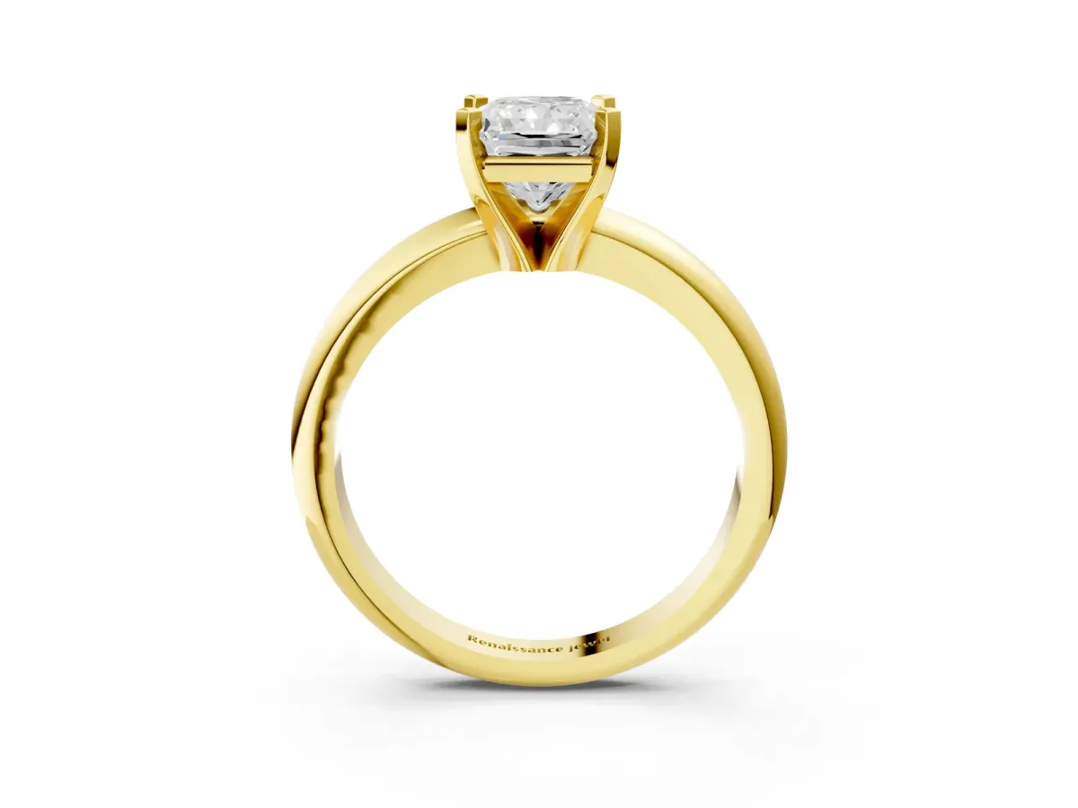 Radiant Cut Diamond Solitaire Engagement Ring with Round Band and Four-Prong Setting Yellow gold