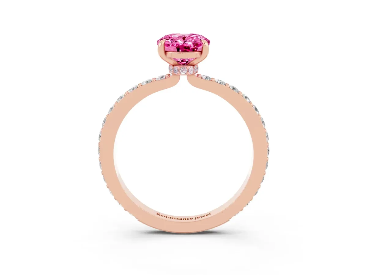 Oval Cut Pink Sapphire Solitaire Engagement Ring with Pavé Band and Four-Prong Setting Rose gold