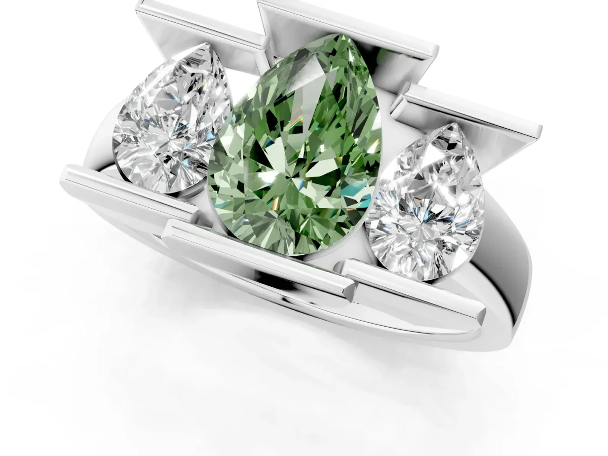 Fancy Green Three Stone Pear Cut Cut Channel Set Diamond Ring Silver