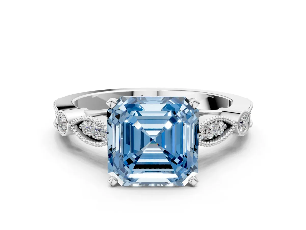 Fancy Blue Asscher Cut Cut Diamond with Milgrain Marquise and Bezel Accents on a Solitaire Band with Prong Setting Silver