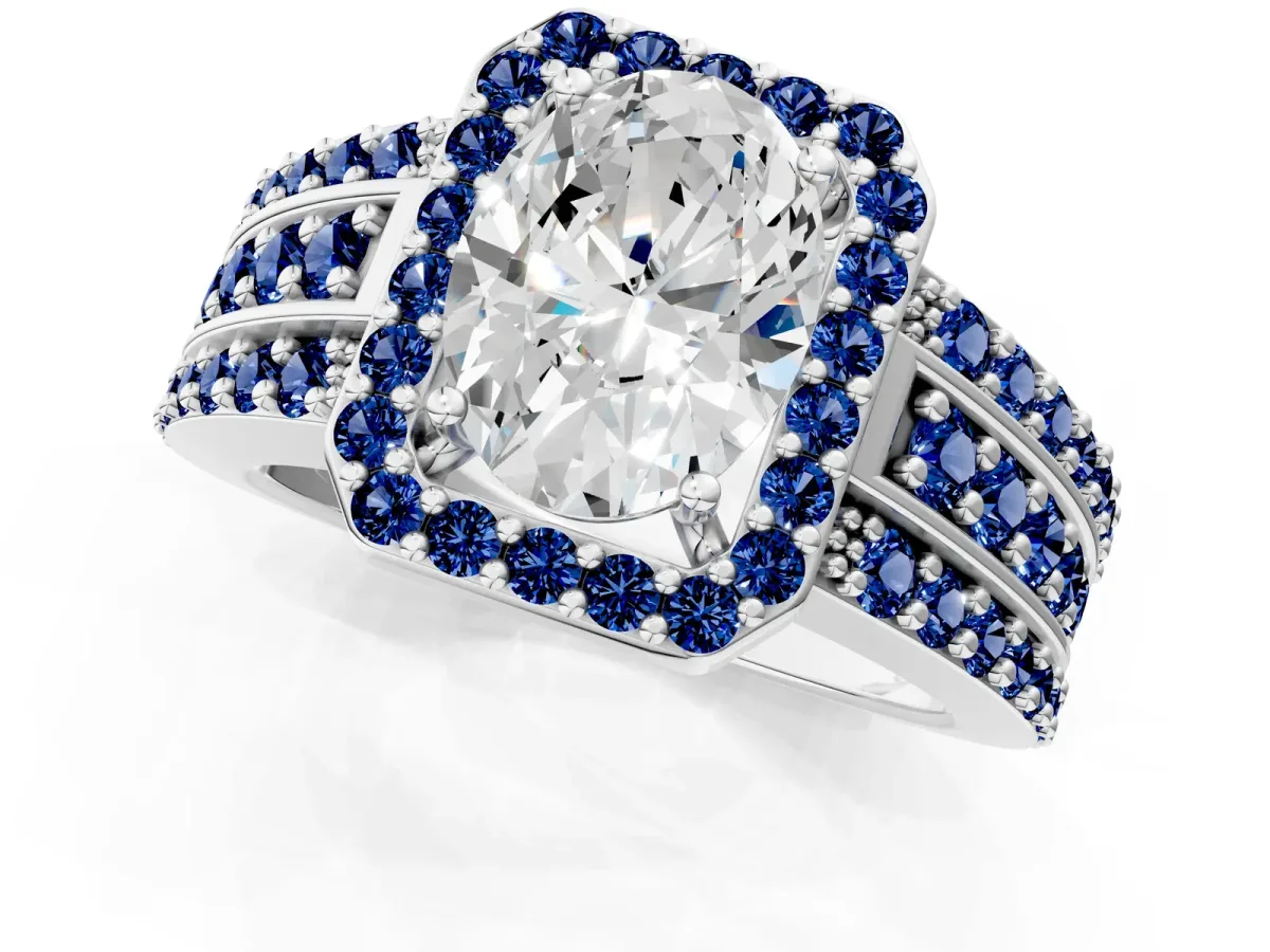 Oval Cut Halo Diamond Ring with Round Blue Sapphire Split Shank and Prong Setting Platinum