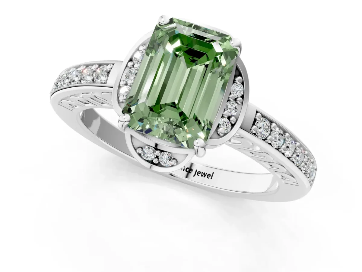 Fancy Green Emerald Cut Cut Halo Diamond Ring with Channel Set Band and Four-Prong Setting White gold