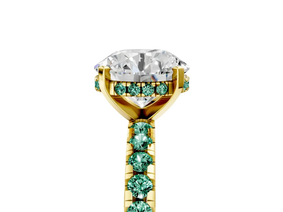 Round Cut Diamond Solitaire Ring with Round Green Sapphire Pavé Band and Four-Prong Setting Yellow gold