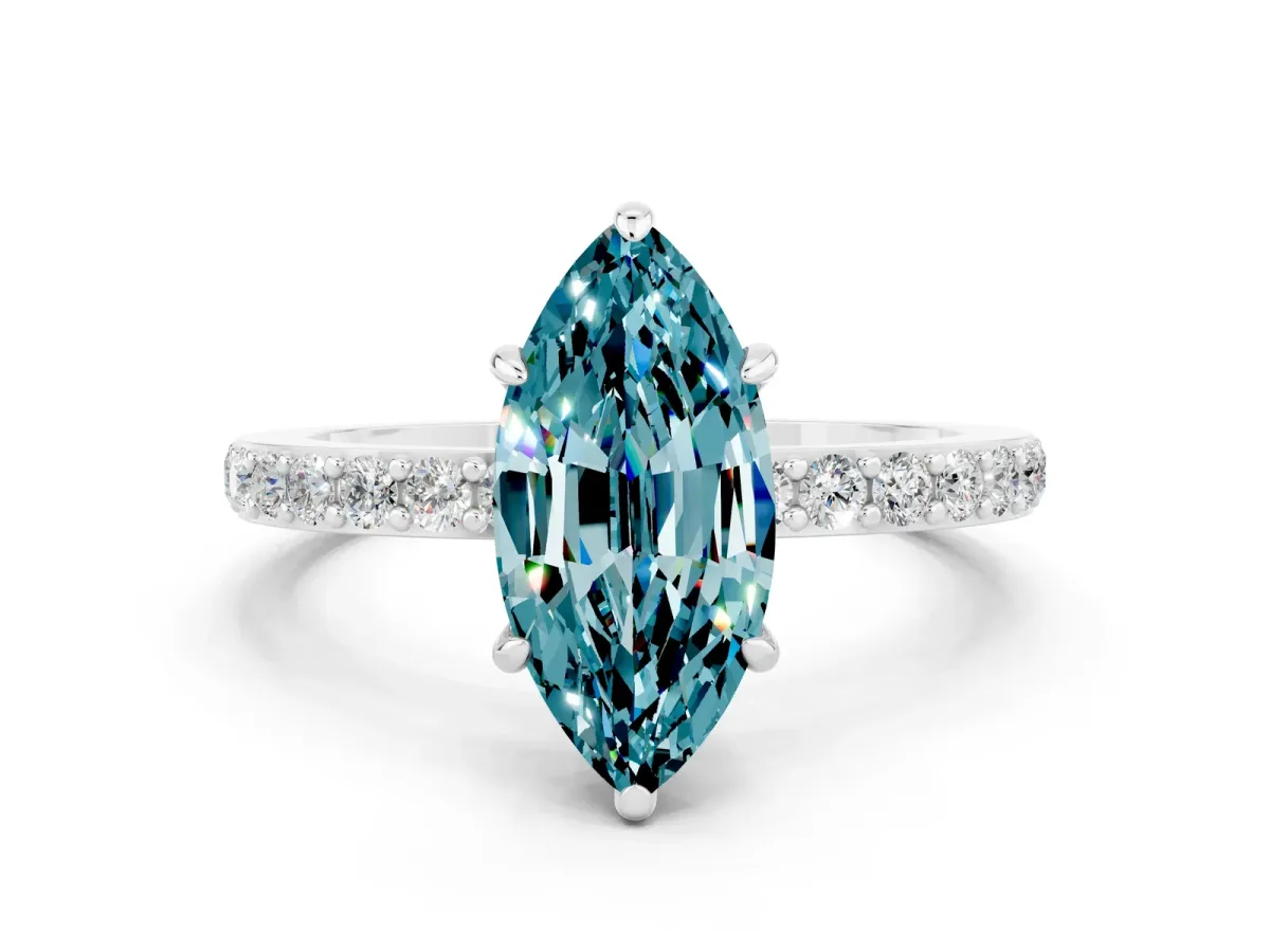 Marquise Cut Blue Topaz Solitaire Engagement Ring with Pavé Band and Four-Prong Setting White gold