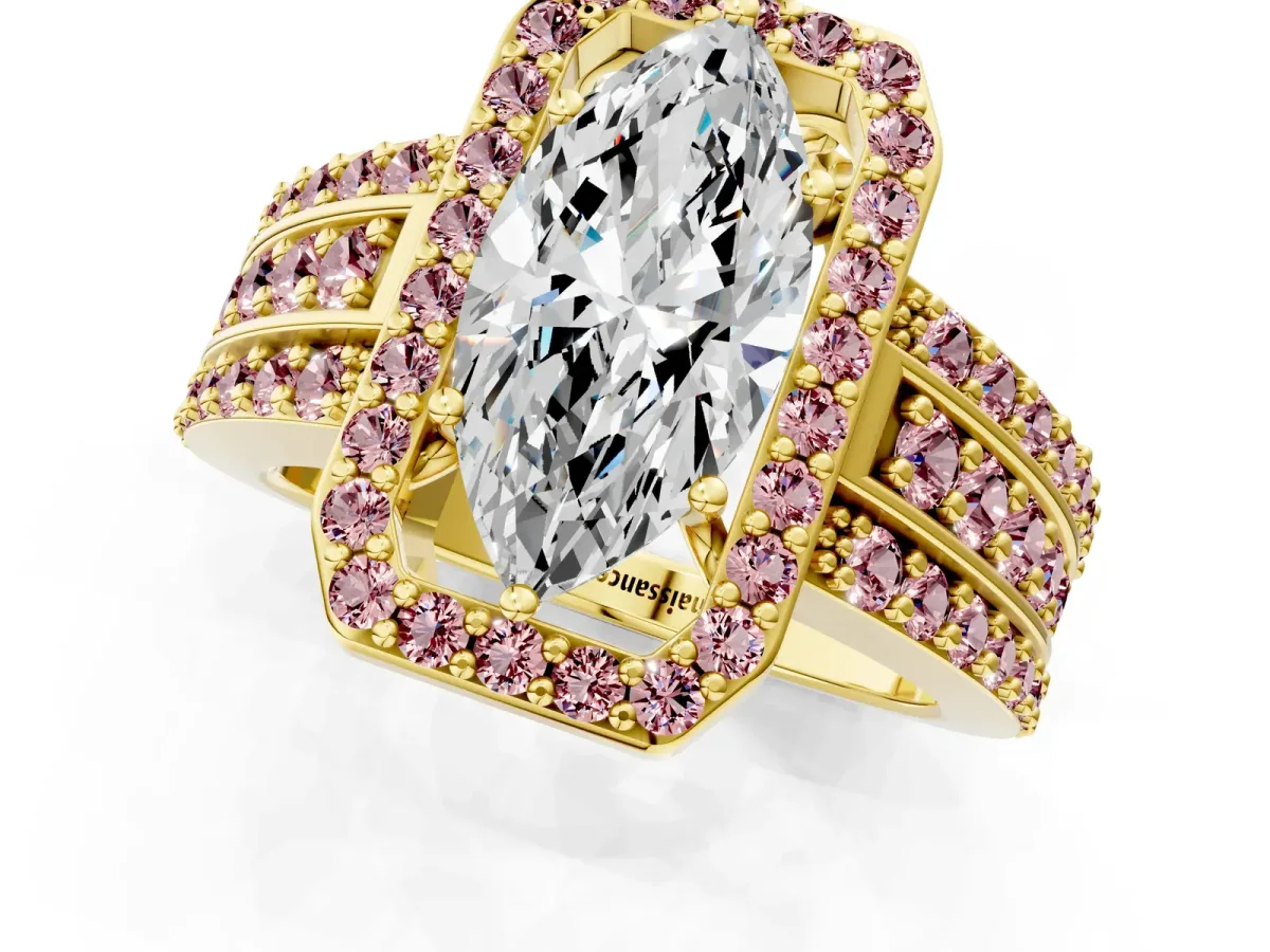 Marquise Cut Halo Diamond Ring with Round Morganite Split Shank and Prong Setting Yellow gold