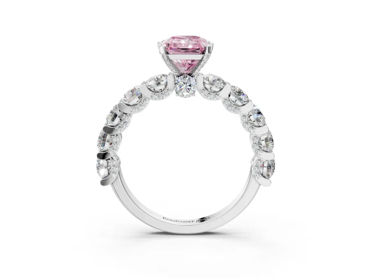 Fancy Pink Radiant Cut Diamond Side Stone Engagement Ring with Four-Prong Setting White gold
