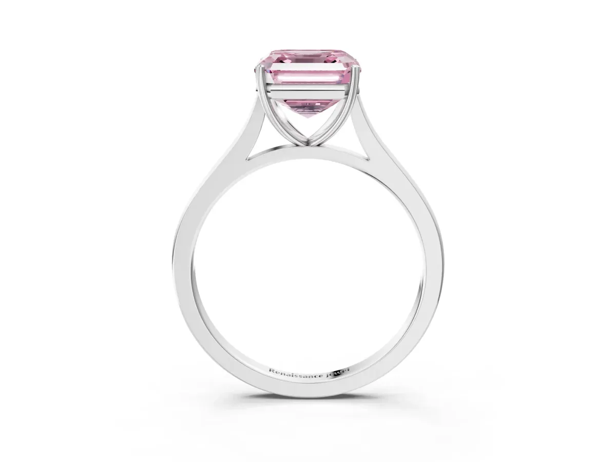 Fancy Pink Asscher Cut Solitaire Heart Prong Engagement Ring with Tapered Band Platinum