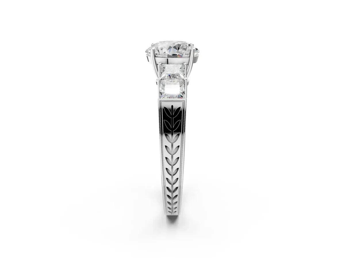 Round Cut Solitaire Princess Side Stone Engraved Band Prong Setting Ring Platinum