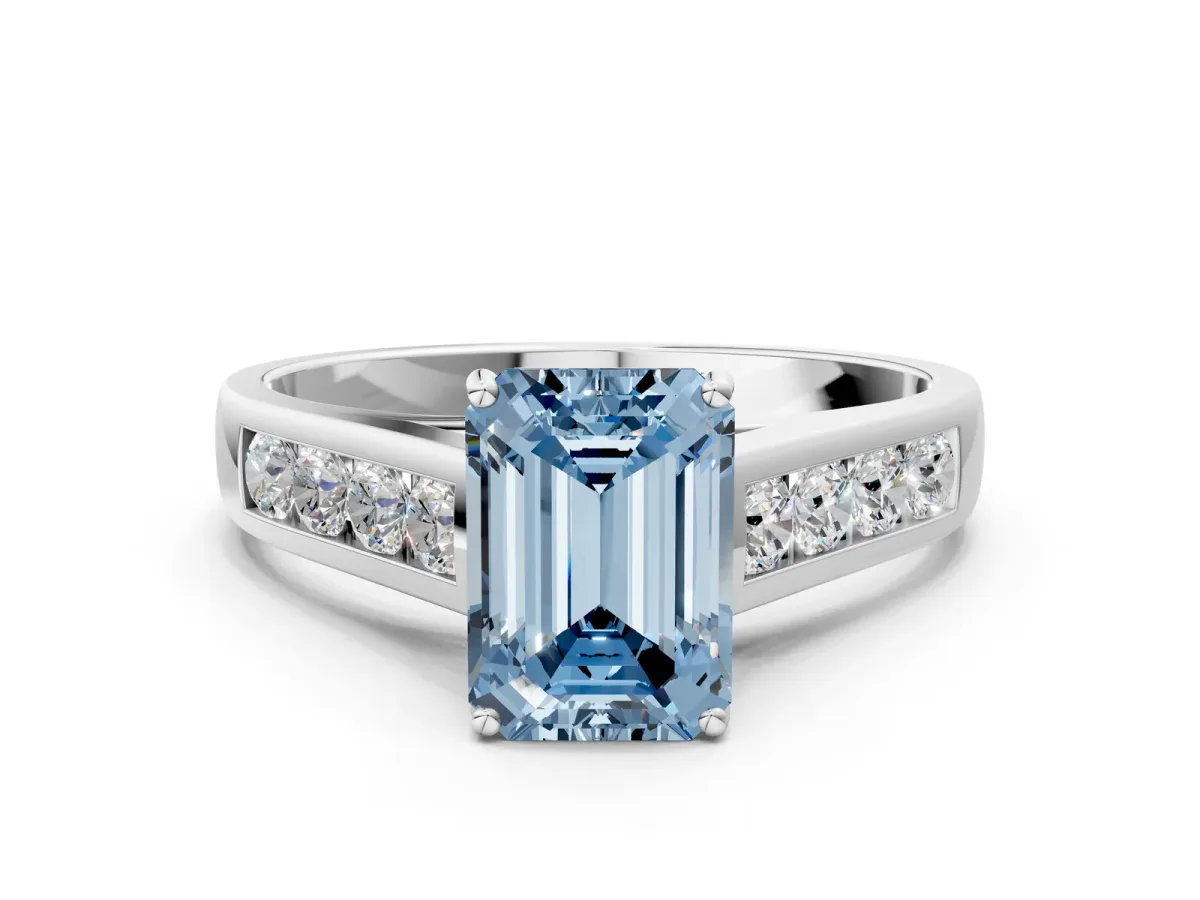 Fancy Blue Emerald Cut Brilliant Channel-Set Solitaire Ring with Four-Prong Setting White gold