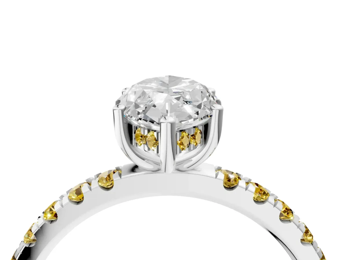 Marquise Cut Diamond Pave Band Solitaire Ring with Round Yellow Sapphire and Prong Setting White gold