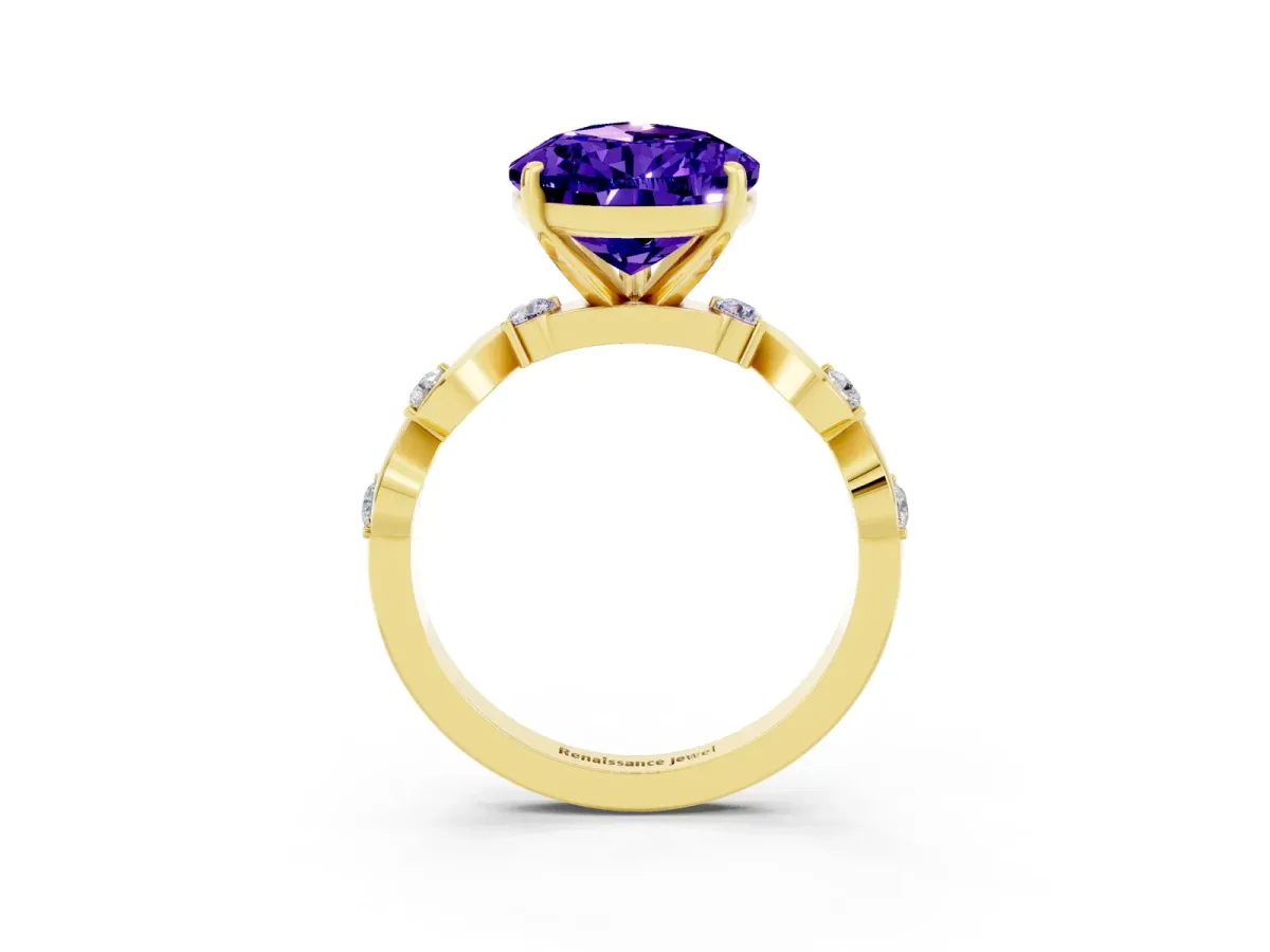 Pear Cut Tanzanite Solitaire Twisted Band with Round Accents and Prong Setting Yellow gold