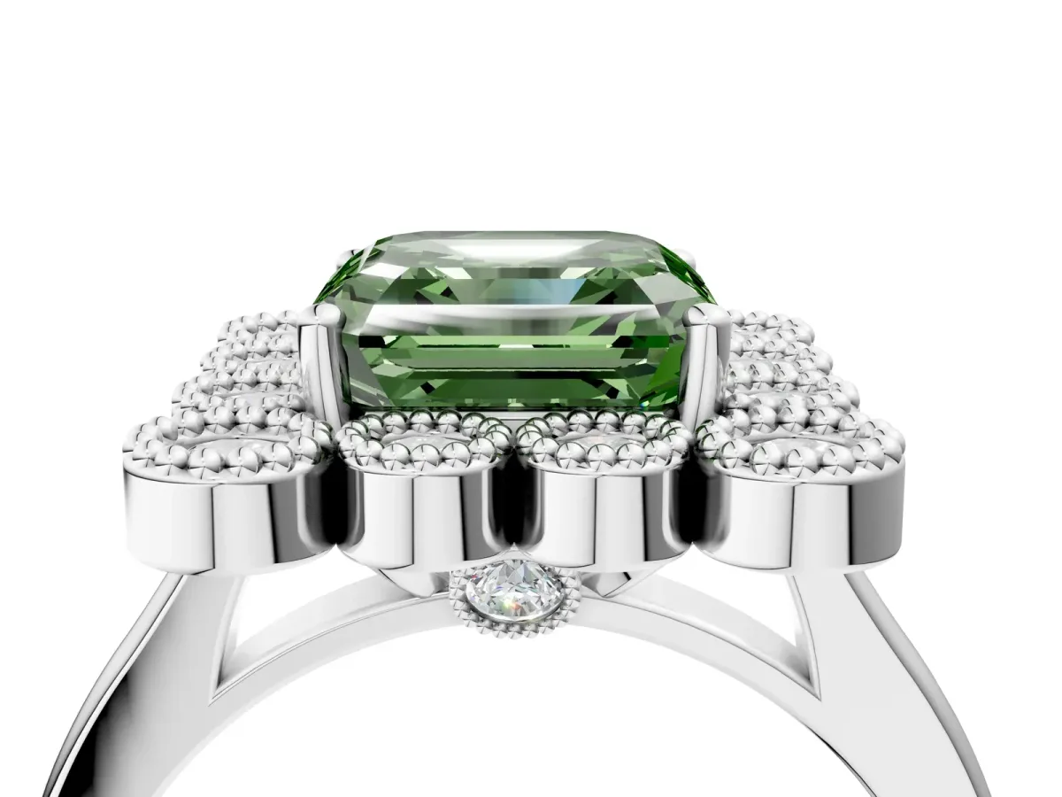 Fancy Green Asscher Cut Halo Diamond Cluster Engagement Ring with Milgrain Bezel Setting and Solitaire Band Platinum