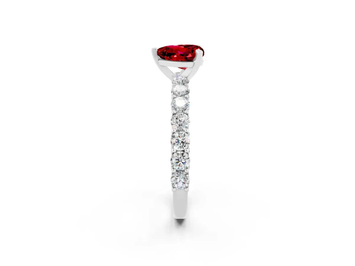 Heart Cut Ruby Solitaire Ring with Shared Prong Pavé Band and Four-Prong Setting Silver