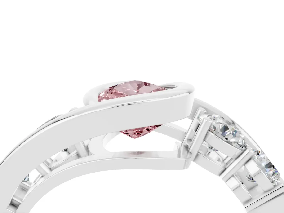 Bezel Set Pear Cut Morganite Bypass Ring with Round Accents Silver