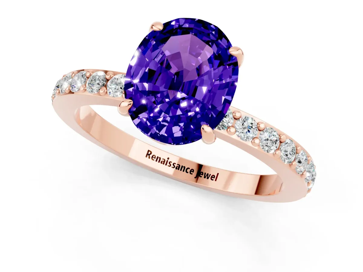 Oval Cut Tanzanite Solitaire Engagement Ring with Pavé Band and Four-Prong Setting Rose gold