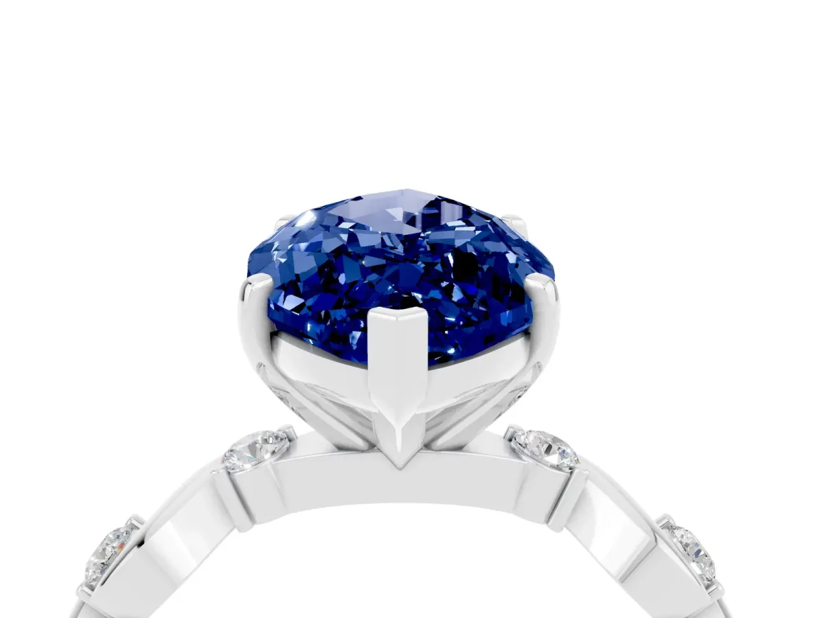 Marquise Cut Blue Sapphire Solitaire Twisted Band with Round Accents and Prong Setting White gold