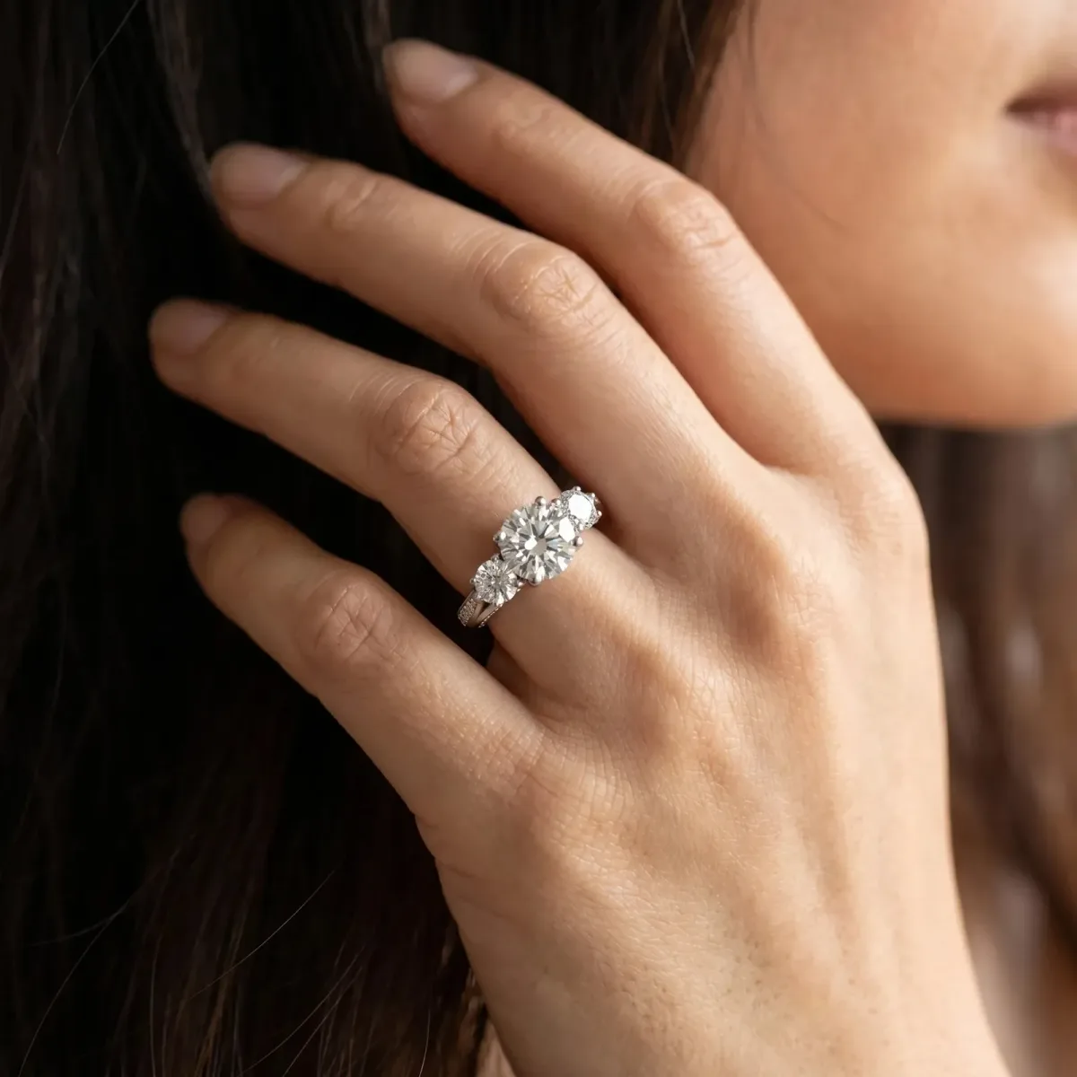 Round Cut Brilliant Three-Stone Engagement Ring with Split Shank and Prong Setting Silver