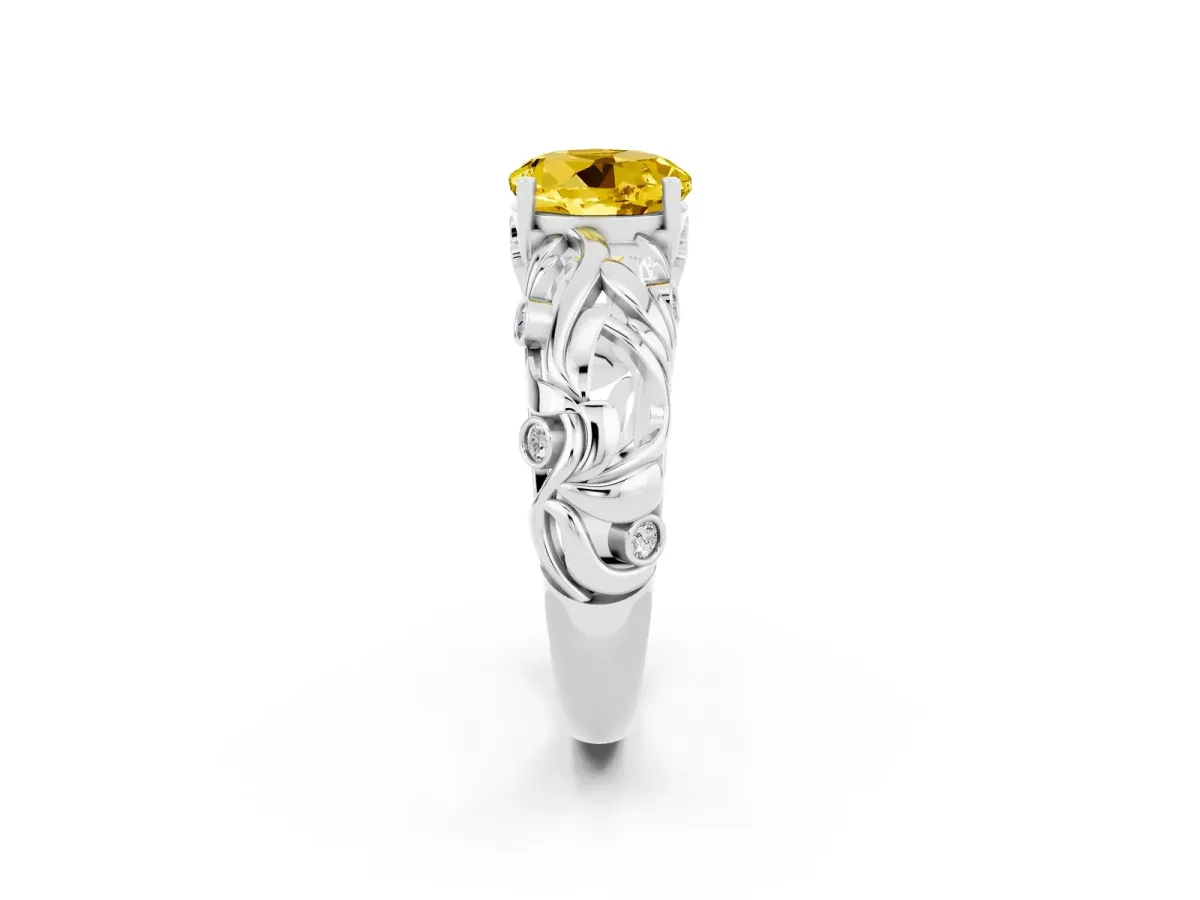 Round Cut Solitaire Yellow Sapphire Leaf-Inspired Vine Band Ring with Prong Setting Silver