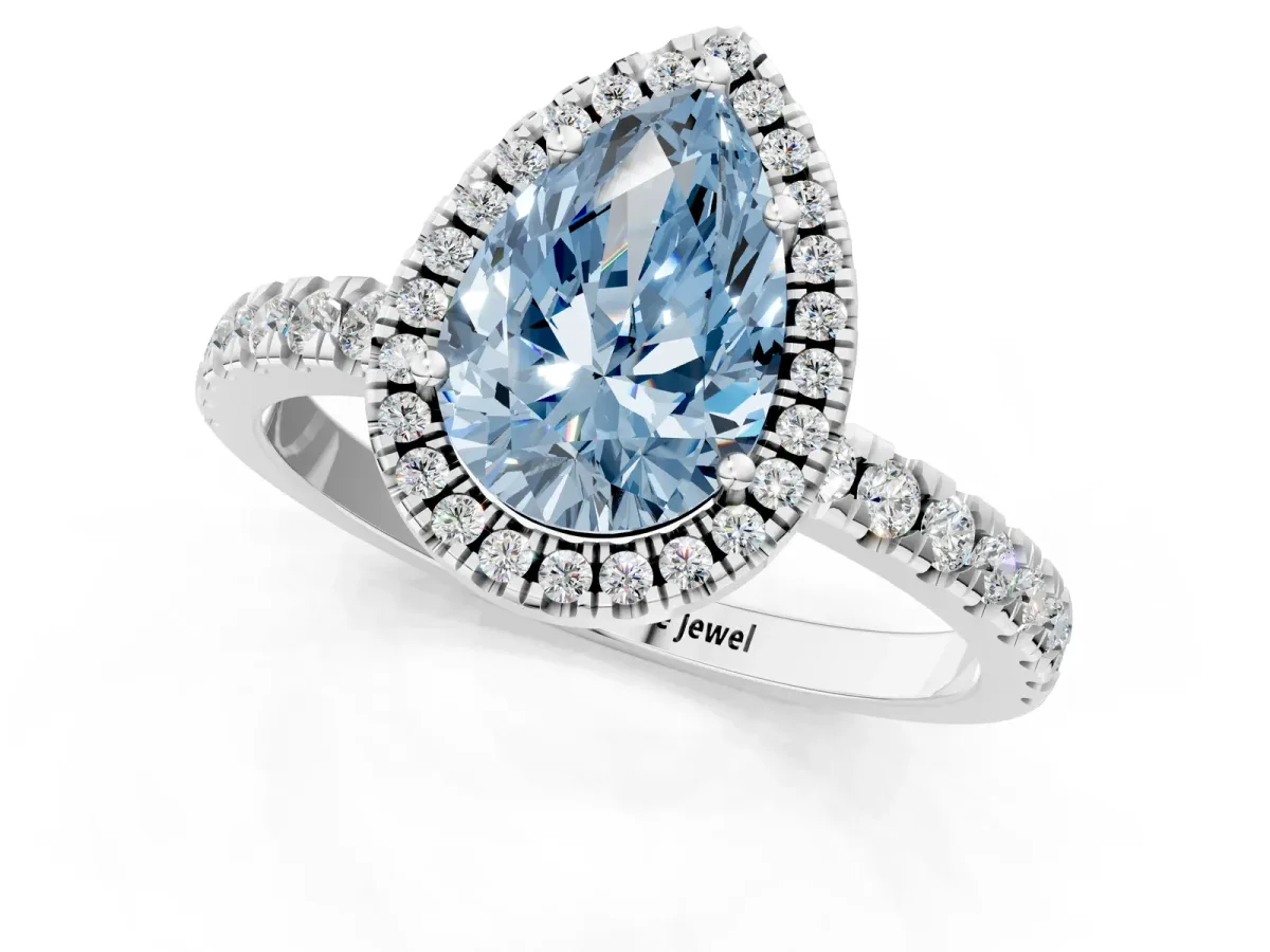 Fancy Blue Pear Cut Diamond Classic Halo Engagement Ring with Round Pavé Band and Prong Setting White gold