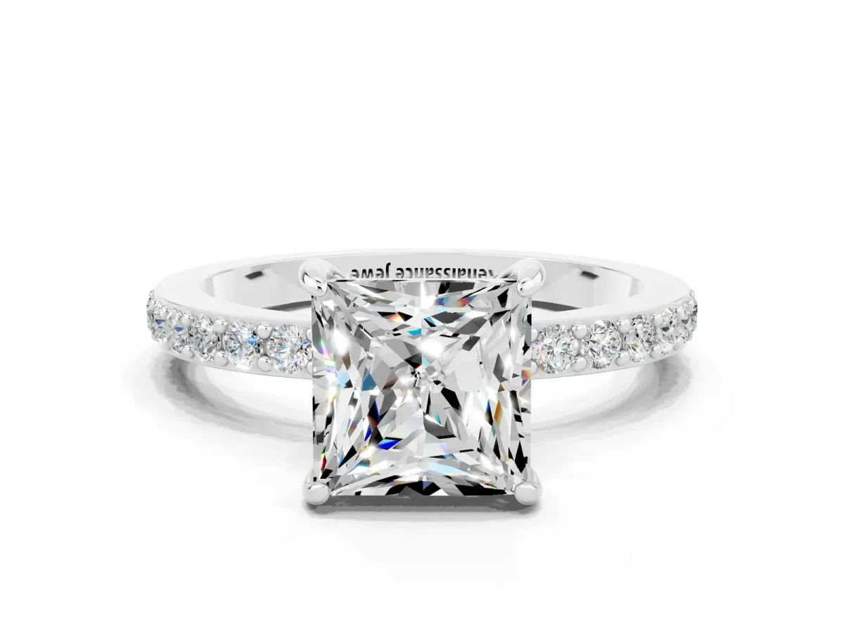Princess Cut Moissanite Solitaire Engagement Ring with Pavé Band and Four-Prong Setting White gold