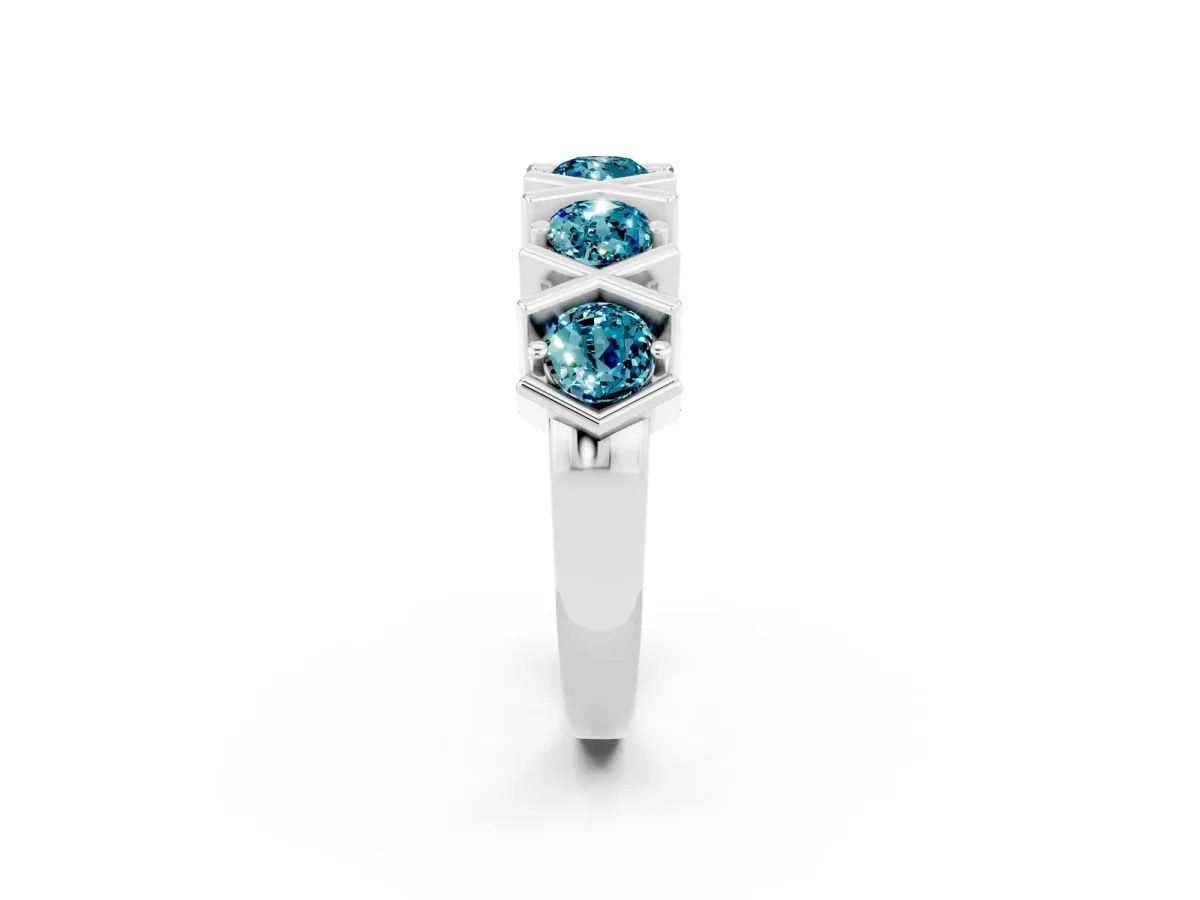 Round Blue Topaz Channel Set Band with X-Prong Detail White gold