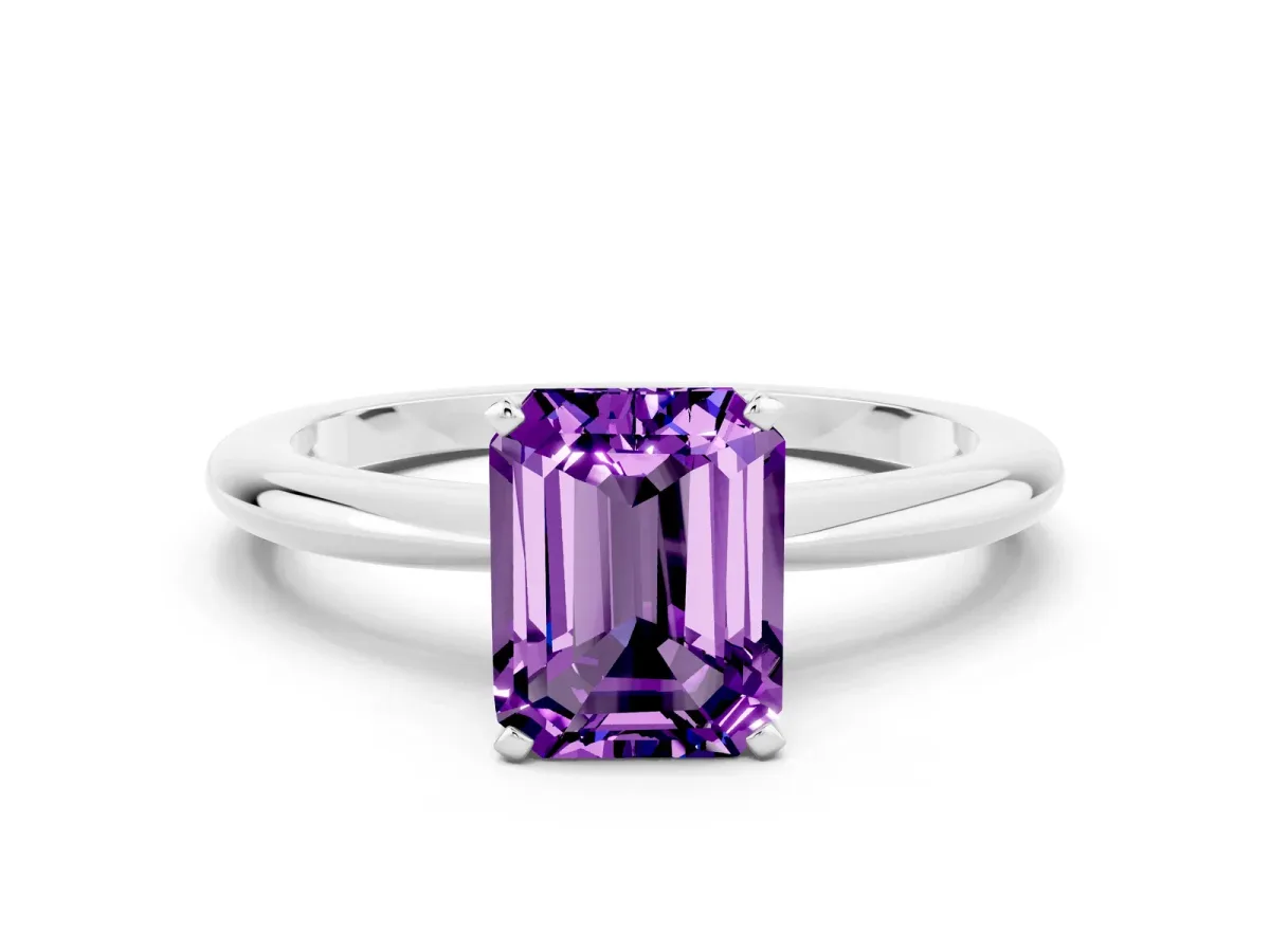 Emerald Cut Amethyst Solitaire Ring with Six-Prong Setting and Classic Band White gold
