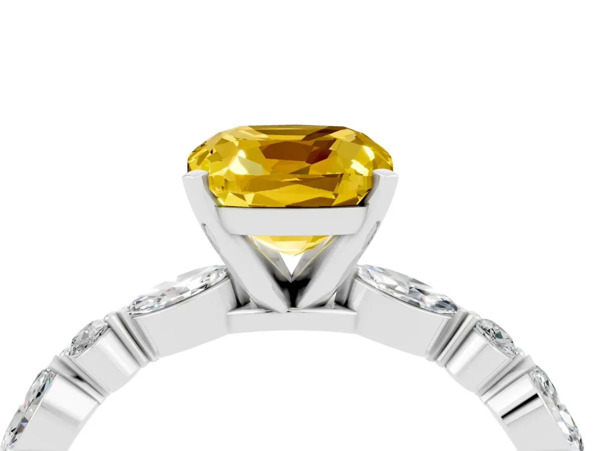 Cushion Cut Yellow Sapphire Ring with Marquise and Round Side Stones and Four-Prong Setting Platinum