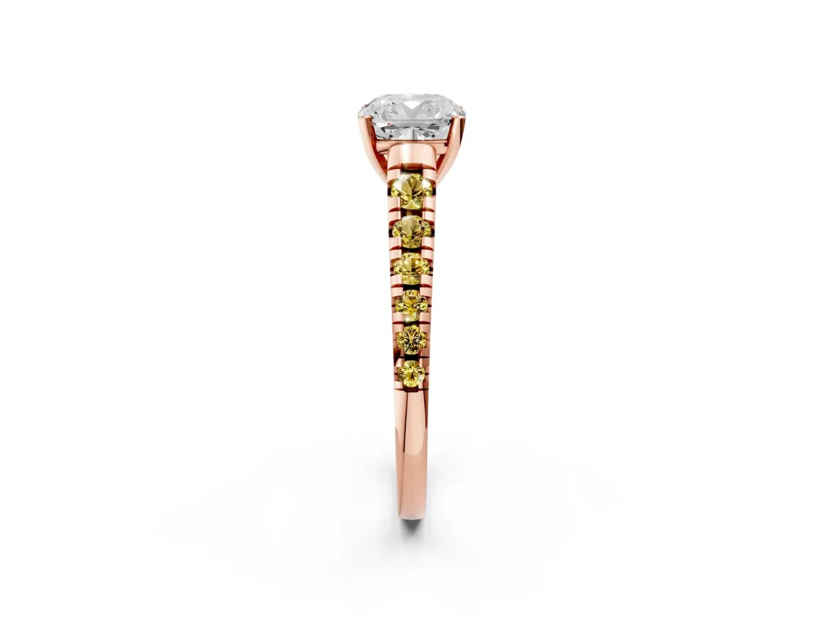 Cushion Cut Diamond Cathedral Solitaire Ring with Round Yellow Sapphire Pavé Band Rose gold