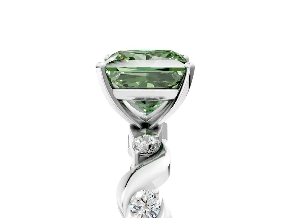Fancy Green Princess Cut Diamond Solitaire Twisted Band with Round Accents and Prong Setting White gold
