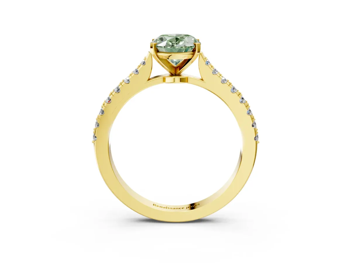Fancy Green Oval Cut Cut Solitaire Diamond Engagement Ring with Pave Band and Four-Prong Setting Yellow gold