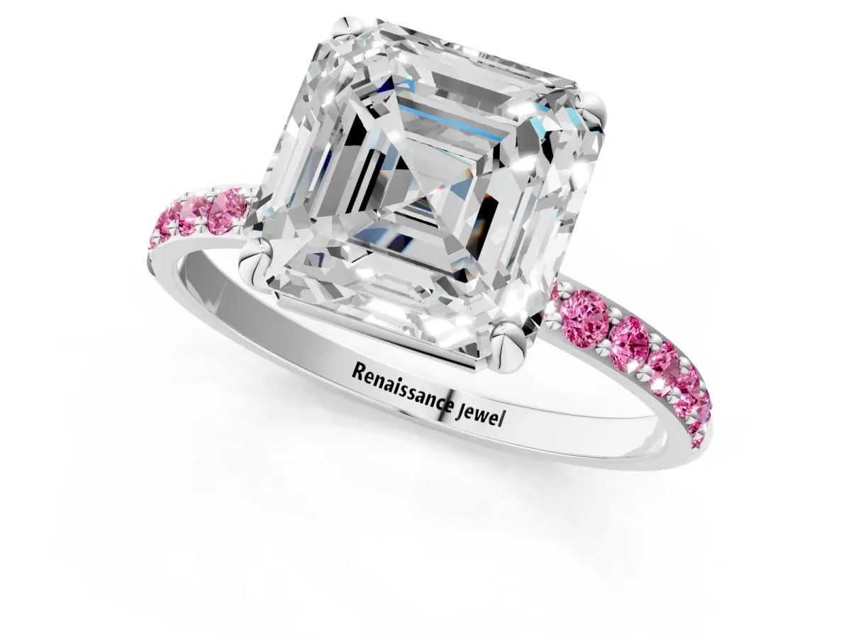 Asscher Cut Diamond Solitaire Ring with Round Pink Sapphire Pavé Band and Prong Setting White gold