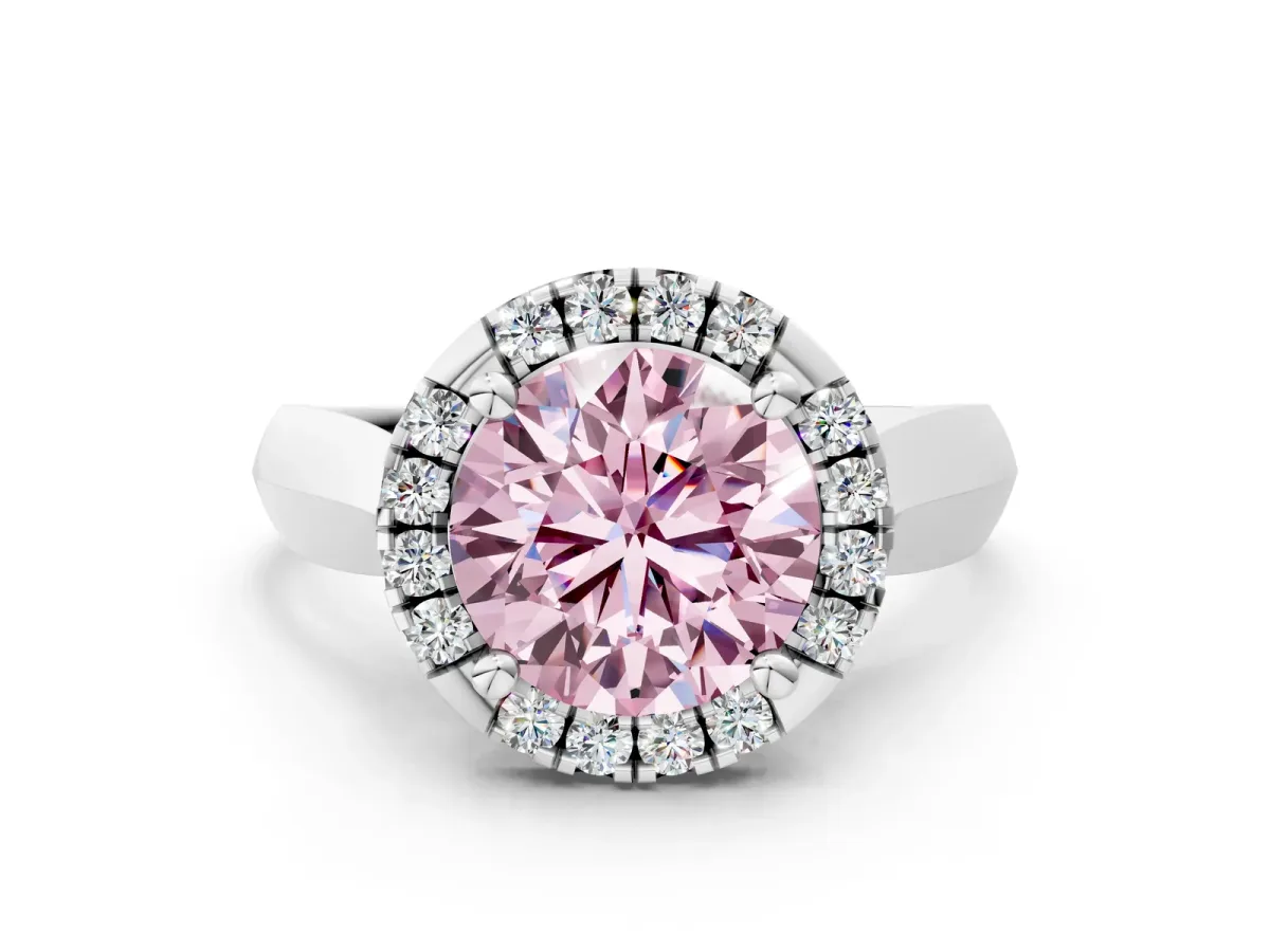 Fancy Pink Round Cut Cut Halo Solitaire Engagement Ring with Square Band and Four-Prong Setting White gold