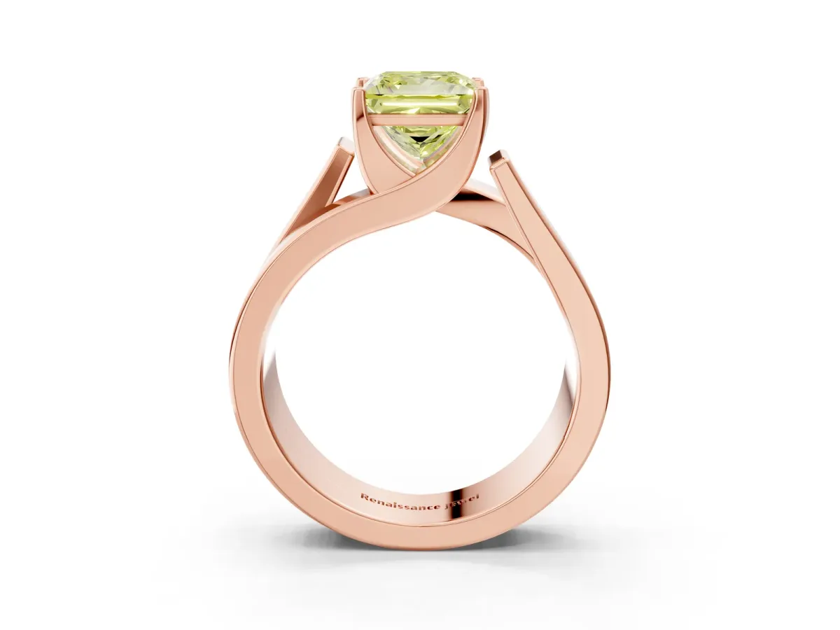 Fancy Yellow Modern Tension Set Princess Cut Diamond Solitaire Wide Band Ring Rose gold