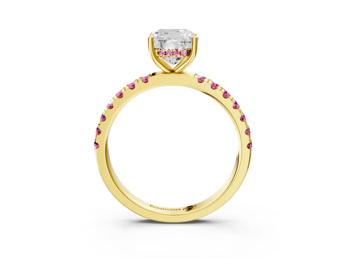 Cushion Cut Diamond Pave Band Solitaire Ring with Round Pink Sapphire and Prong Setting Yellow gold