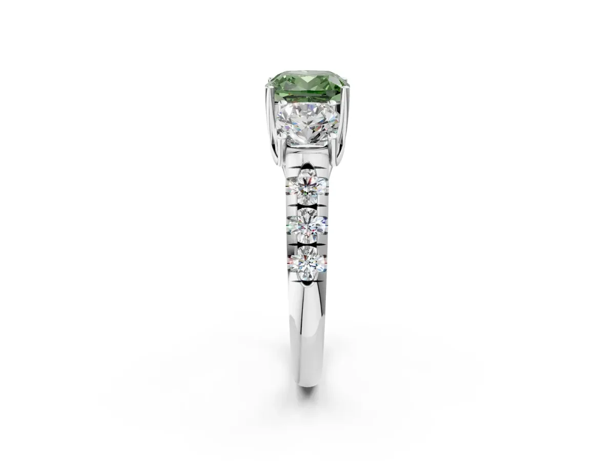 Fancy Green Three-Stone Cushion Cut Diamond Pavé Band with Prong Setting Platinum