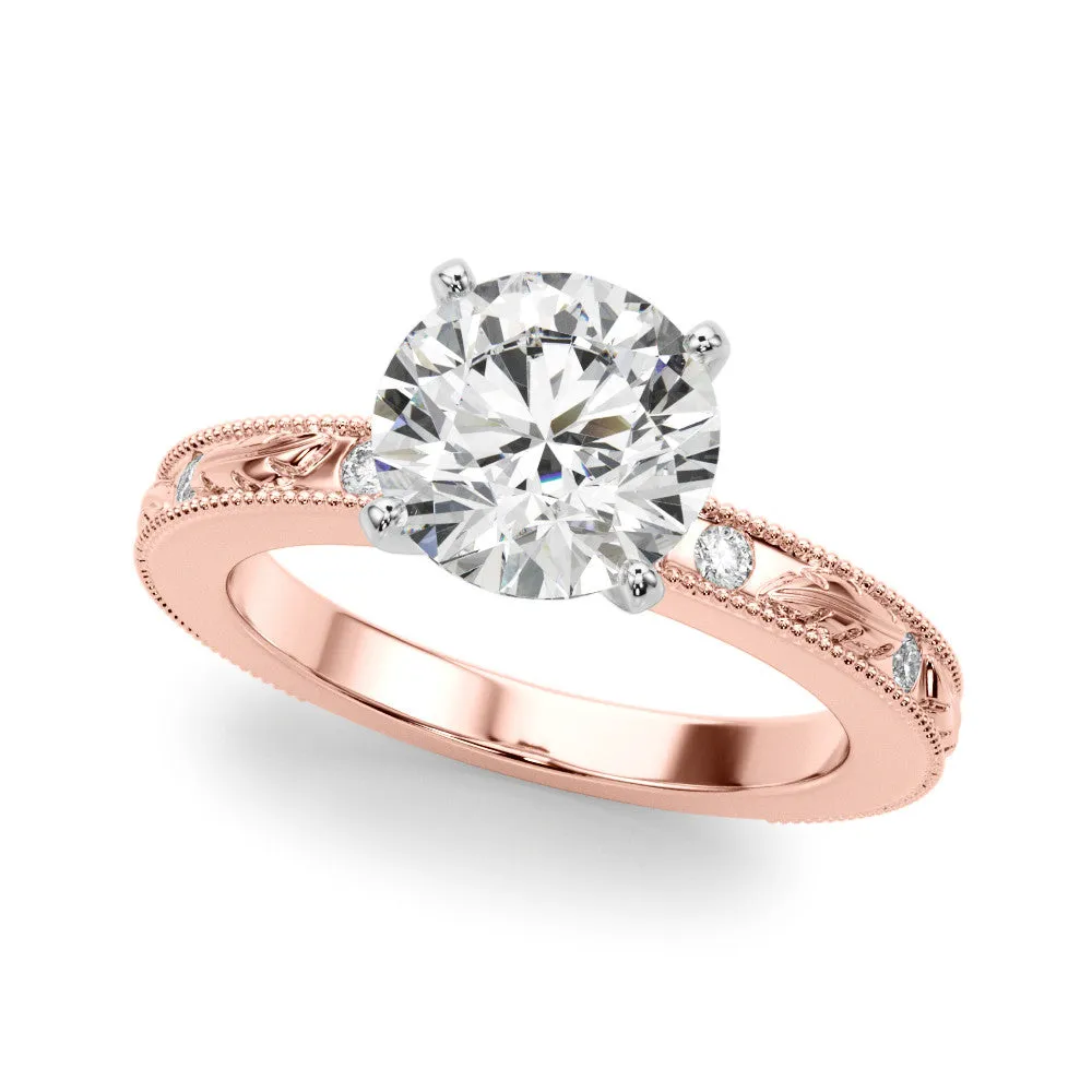Round Cut Solitaire Milgrain Engagement Ring with Filigree Band and Four-Prong Setting Rose gold