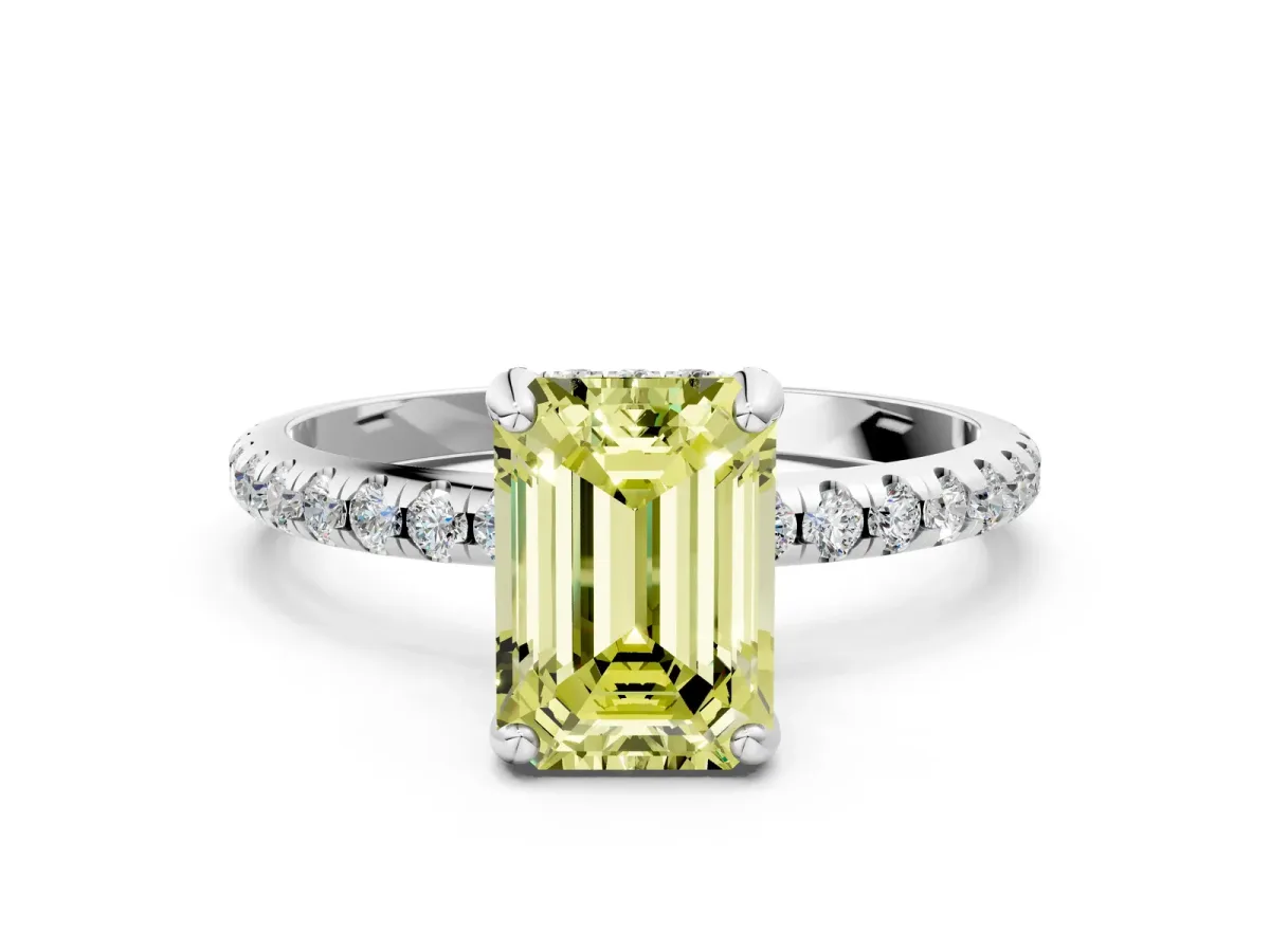 Fancy Yellow Emerald Cut Diamond Hidden Halo Engagement Ring with Round Pavé Band and Prong Setting Silver