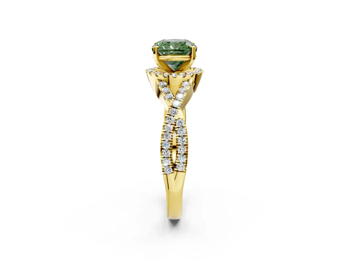 Fancy Green Cushion Cut Diamond Halo Twist Band Solitaire Prong Setting Ring Yellow gold