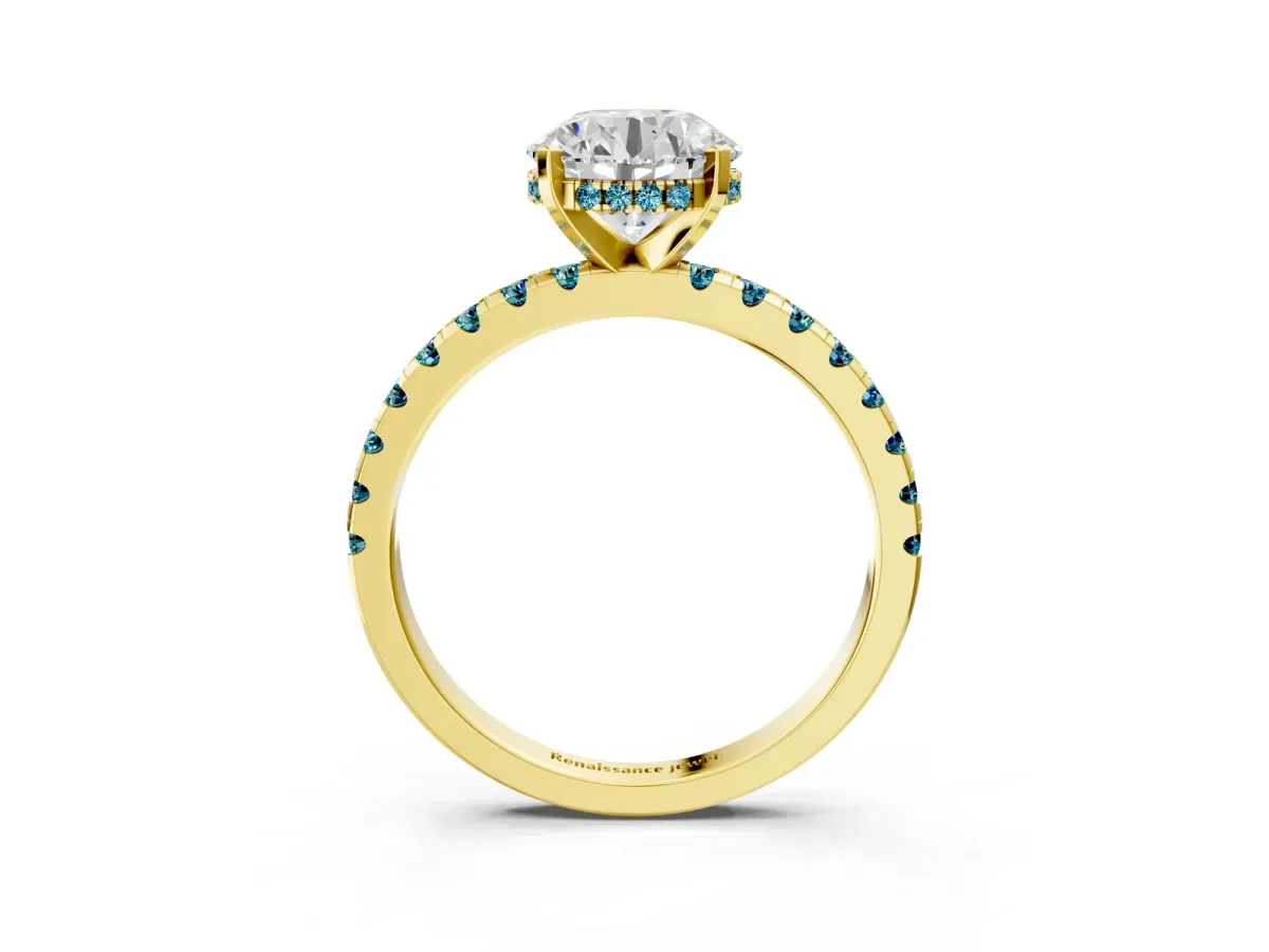 Round Cut Diamond Solitaire Ring with Round Blue Topaz Pavé Band and Four-Prong Setting Yellow gold