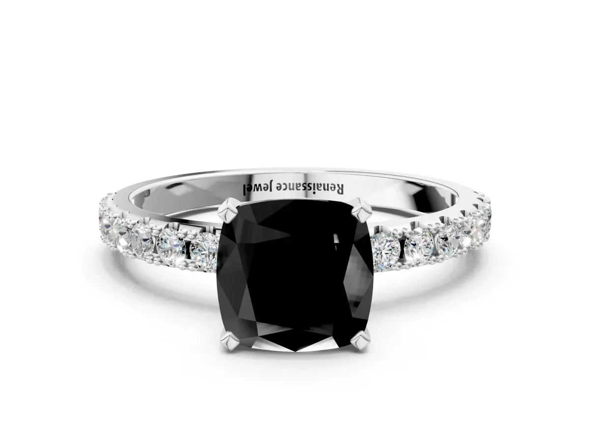 Fancy Black Cushion Cut Diamond Solitaire Pavé Band with Four-Prong Setting Platinum