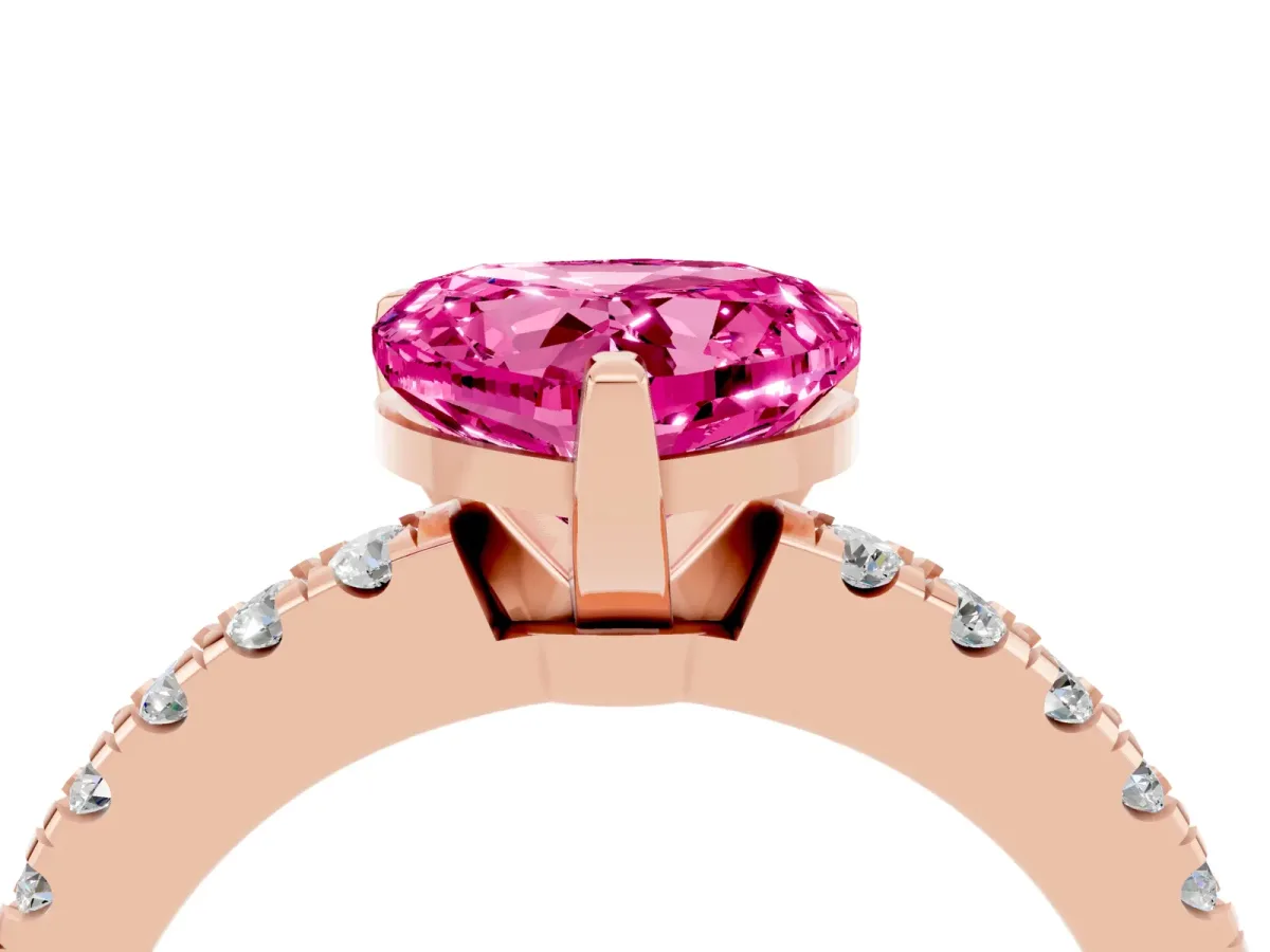 Heart Cut Solitaire Pink Sapphire with Pavé Band and Four-Prong Setting Rose gold