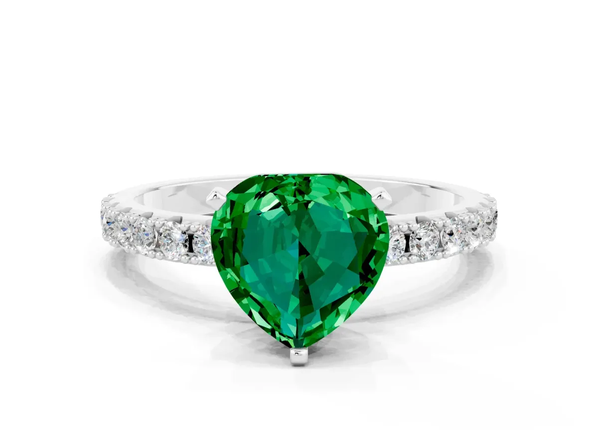 Heart Cut Emerald Solitaire Pavé Band with Four-Prong Setting Platinum