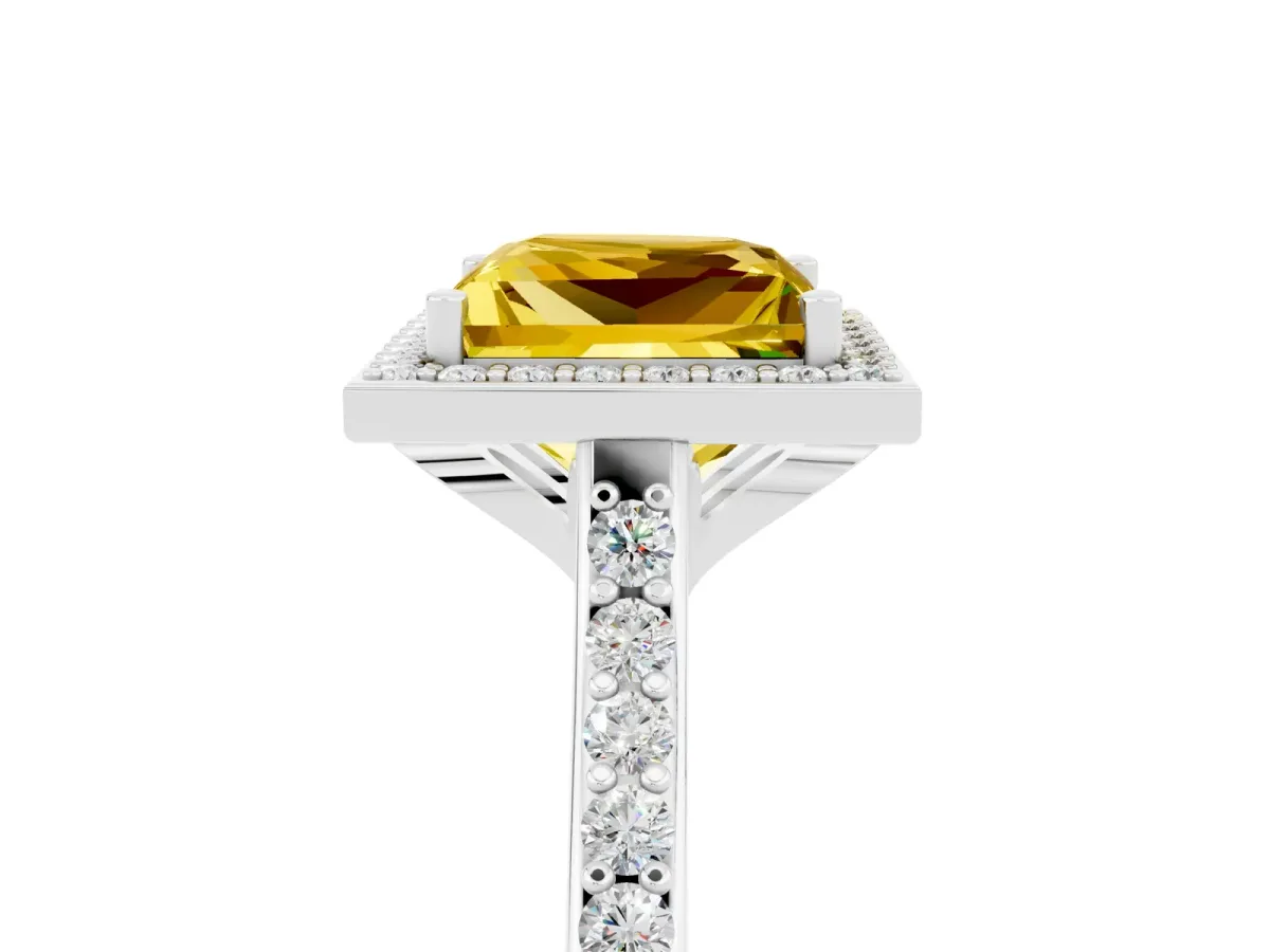 Princess Cut Yellow Sapphire Halo Engagement Ring with Round Pavé Shoulders and Prong Setting Silver