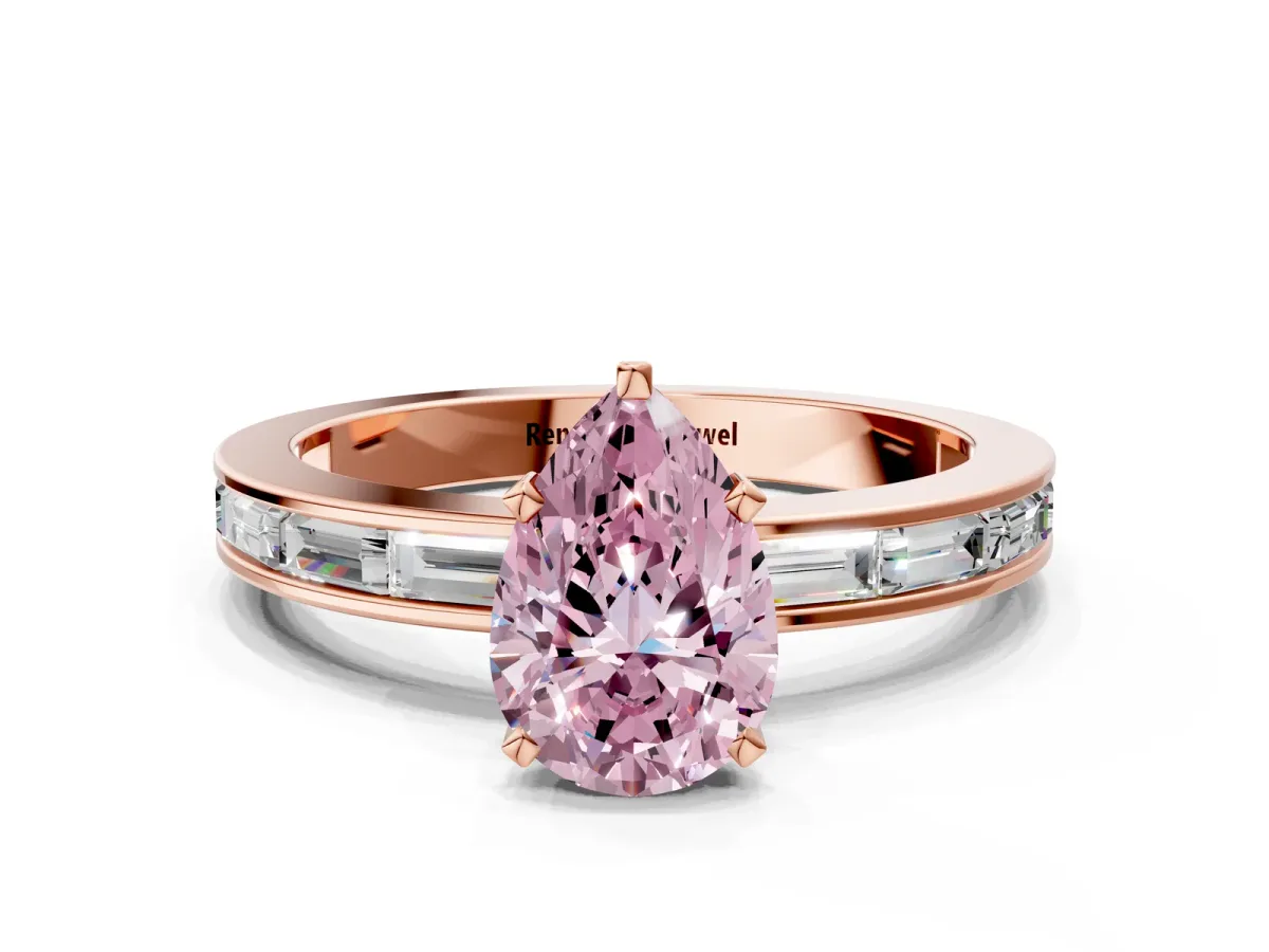 Fancy Pink Pear Cut Solitaire Diamond Ring with Channel-Set Baguette Band and Four-Prong Setting Rose gold